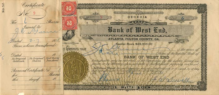 Bank of West End, Atlanta, Fulton County, GA. - Stock Certificate